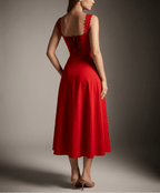 Scalloped V Neck Midi Dress Women Lace Up Back Cotton Sleeveless — Kharites Shop - Kharites