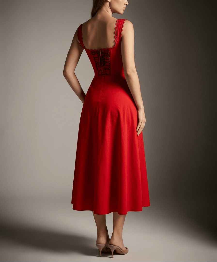Scalloped V Neck Midi Dress Women Lace Up Back Cotton Sleeveless — Kharites Shop - Kharites