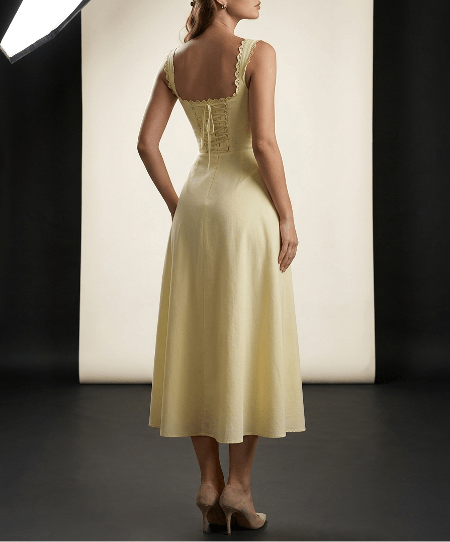Scalloped V Neck Midi Dress Women Lace Up Back Cotton Sleeveless — Kharites Shop - Kharites