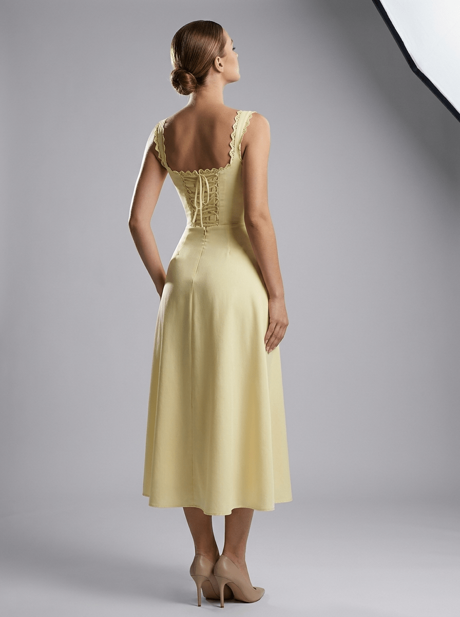 Scalloped V Neck Midi Dress Women Lace Up Back Cotton Sleeveless — Kharites Shop - Kharites