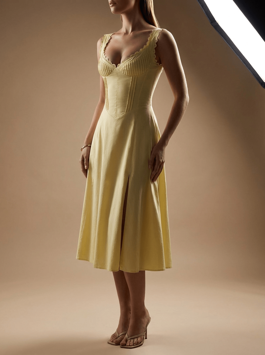 Scalloped V Neck Midi Dress Women Lace Up Back Cotton Sleeveless — Kharites Shop - Kharites