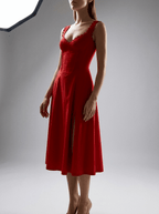 Scalloped V Neck Midi Dress Women Lace Up Back Cotton Sleeveless — Kharites Shop - Kharites