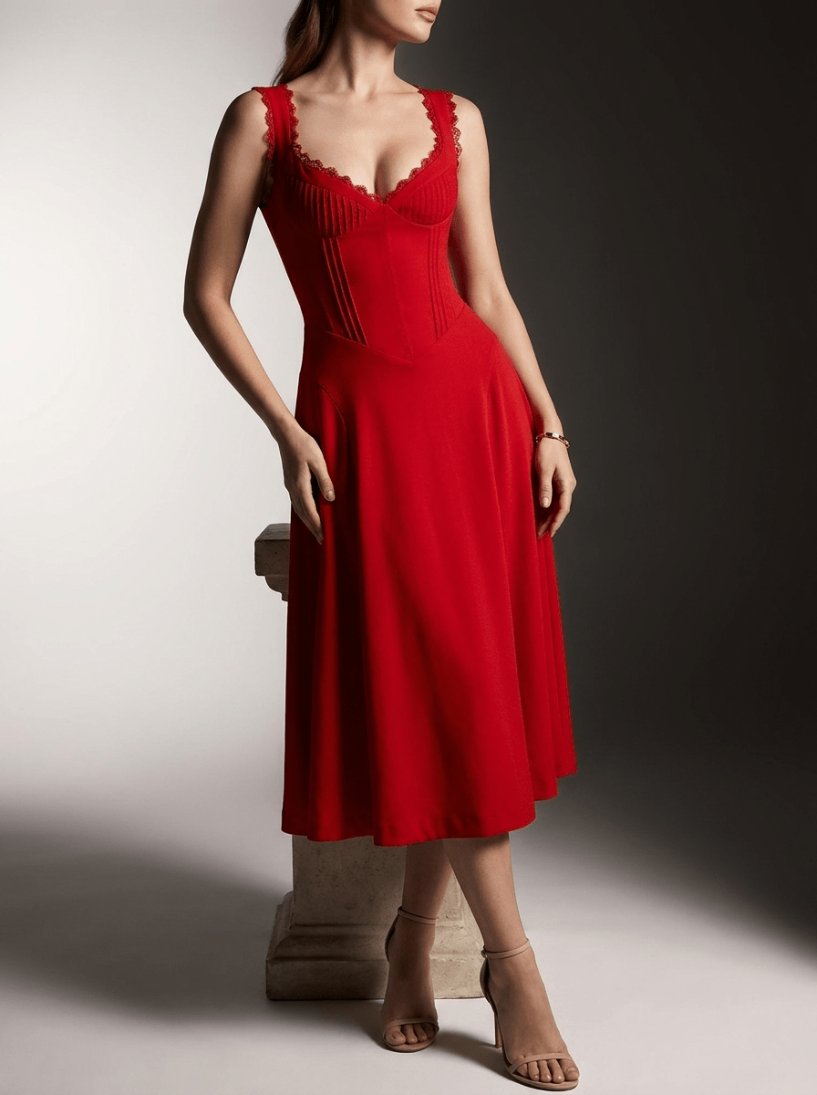 Scalloped V Neck Midi Dress Women Lace Up Back Cotton Sleeveless — Kharites Shop - Kharites