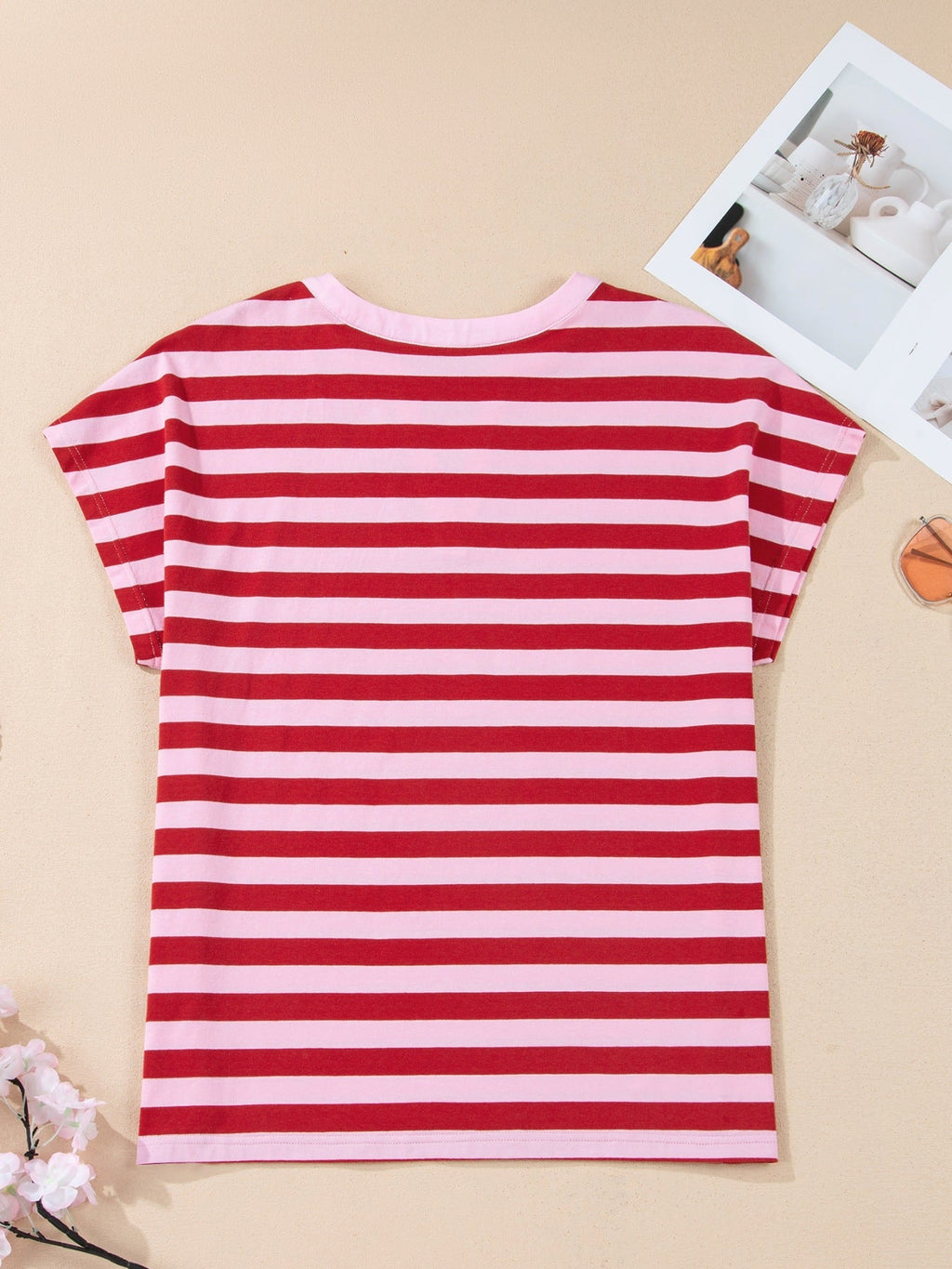 Striped Cotton T Shirt Women Split V Neck Short Sleeve Casual Top — Kharites Shop - Kharites