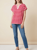 Striped Cotton T Shirt Women Split V Neck Short Sleeve Casual Top — Kharites Shop - Kharites