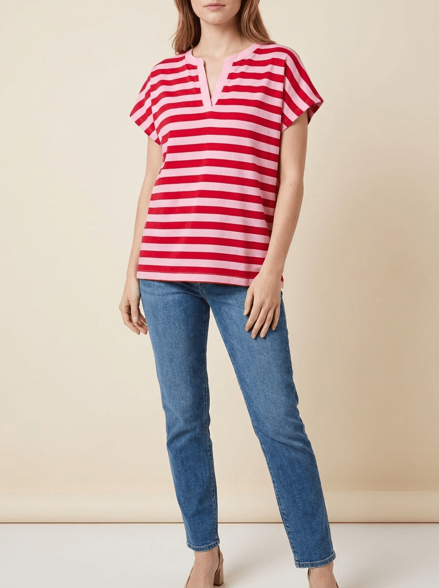 Striped Cotton T Shirt Women Split V Neck Short Sleeve Casual Top — Kharites Shop - Kharites