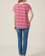 Striped Cotton T Shirt Women Split V Neck Short Sleeve Casual Top — Kharites Shop - Kharites