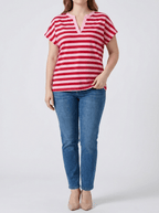 Striped Cotton T Shirt Women Split V Neck Short Sleeve Casual Top — Kharites Shop - Kharites