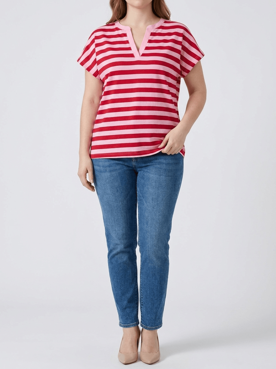 Striped Cotton T Shirt Women Split V Neck Short Sleeve Casual Top — Kharites Shop - Kharites
