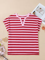 Striped Cotton T Shirt Women Split V Neck Short Sleeve Casual Top — Kharites Shop - Kharites