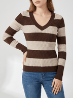 Striped Knit Top Women V Neck Ribbed Long Sleeve Sweater Pullover — Kharites Shop - Kharites