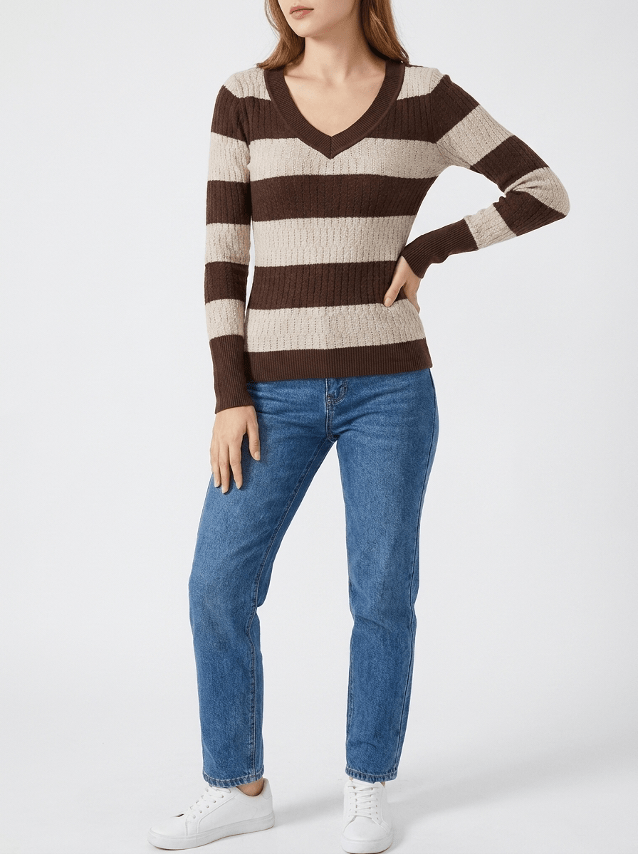 Striped Knit Top Women V Neck Ribbed Long Sleeve Sweater Pullover — Kharites Shop - Kharites