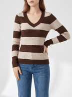 Striped Knit Top Women V Neck Ribbed Long Sleeve Sweater Pullover — Kharites Shop - Kharites