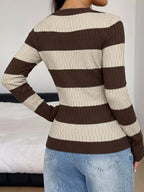 Striped Knit Top Women V Neck Ribbed Long Sleeve Sweater Pullover — Kharites Shop - Kharites