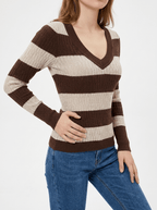Striped Knit Top Women V Neck Ribbed Long Sleeve Sweater Pullover — Kharites Shop - Kharites