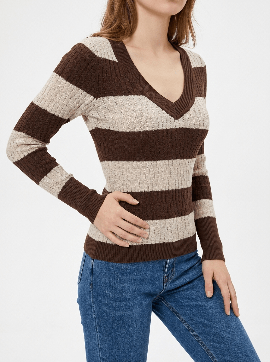 Striped Knit Top Women V Neck Ribbed Long Sleeve Sweater Pullover — Kharites Shop - Kharites