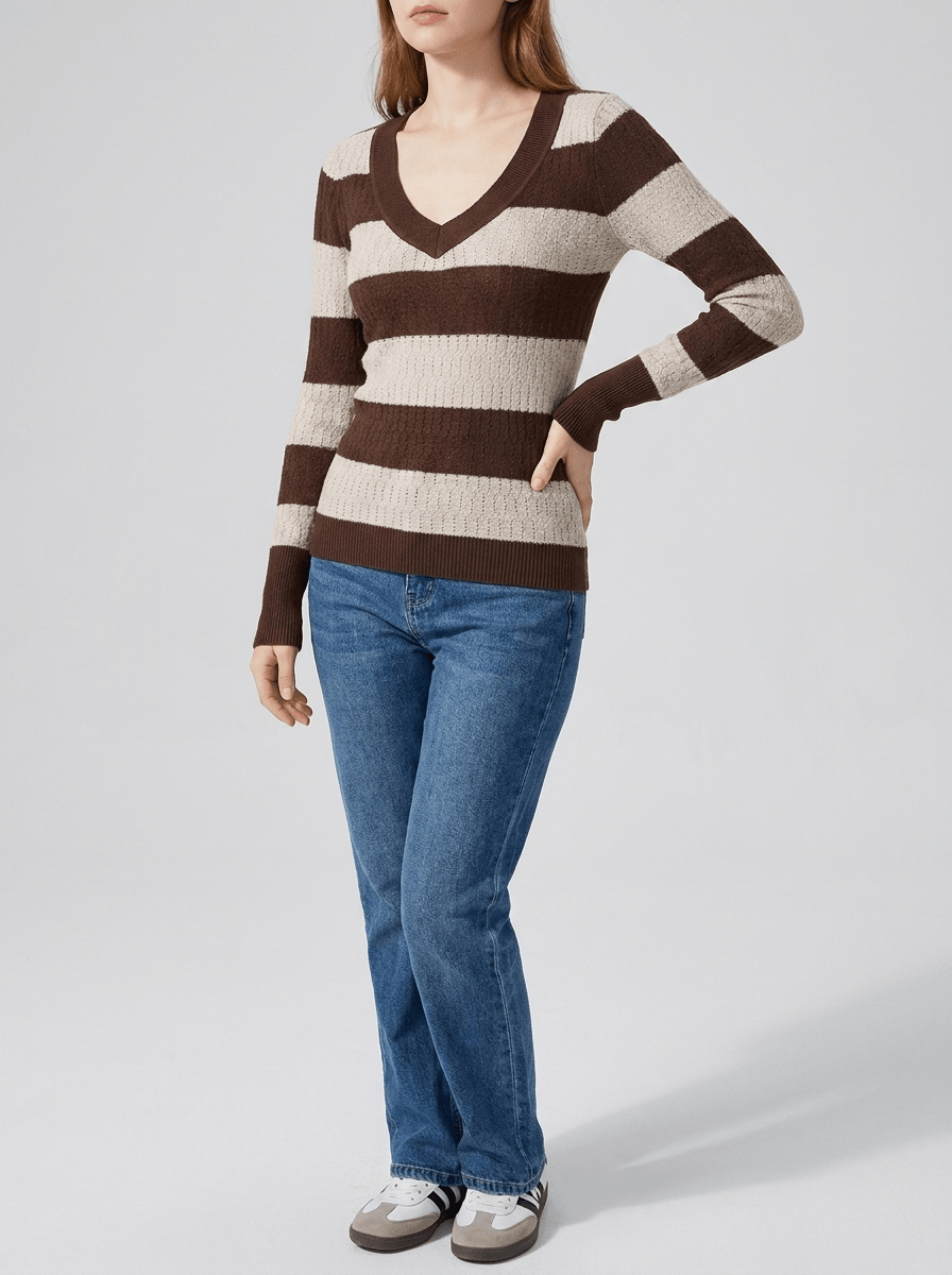Striped Knit Top Women V Neck Ribbed Long Sleeve Sweater Pullover — Kharites Shop - Kharites