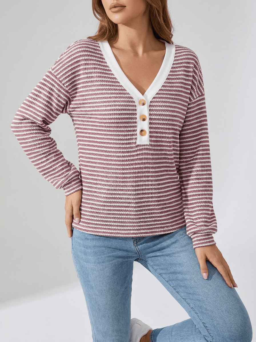 Striped Long Sleeve Top Women Button Detail Casual T Shirt Tee — Kharites Shop - Kharites