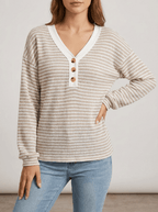 Striped Long Sleeve Top Women Button Detail Casual T Shirt Tee — Kharites Shop - Kharites