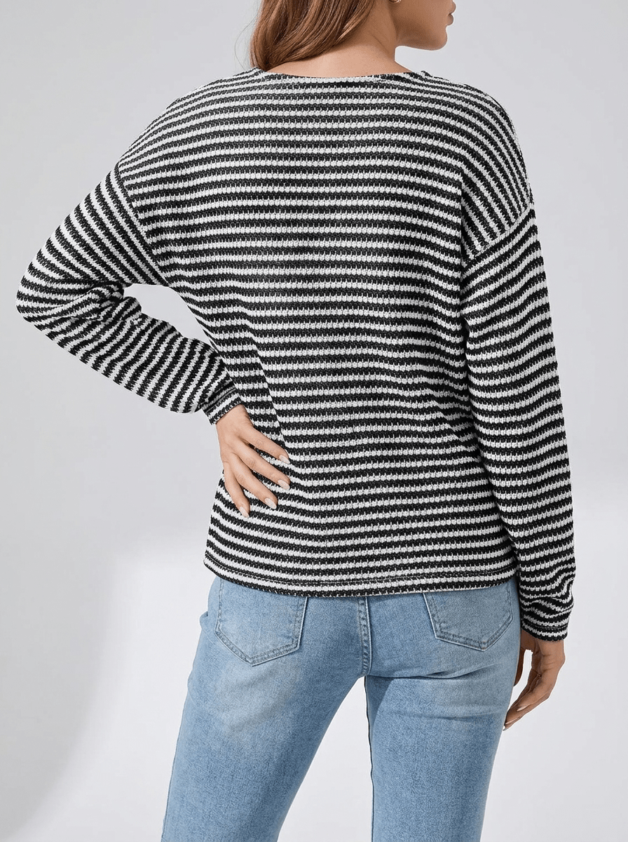 Striped Long Sleeve Top Women Button Detail Casual T Shirt Tee — Kharites Shop - Kharites