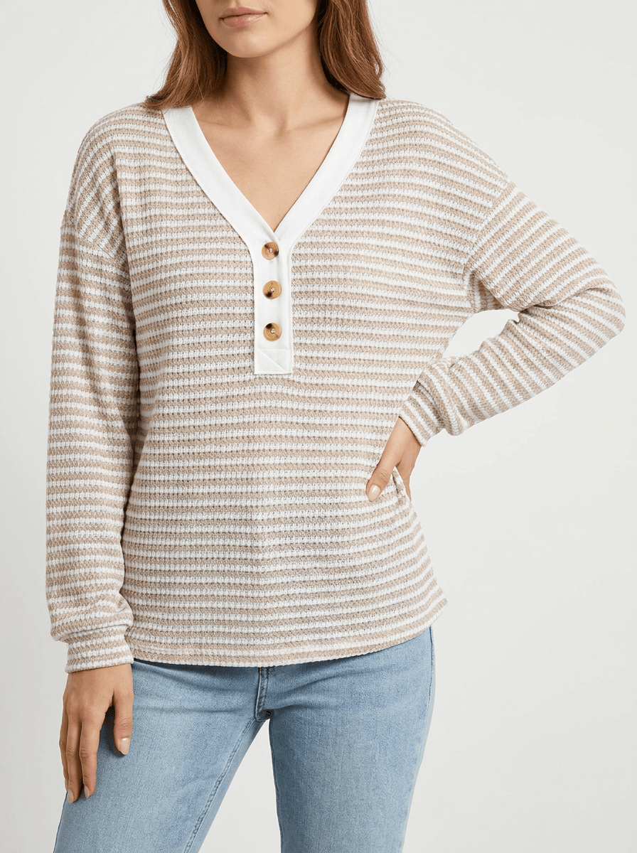 Striped Long Sleeve Top Women Button Detail Casual T Shirt Tee — Kharites Shop - Kharites