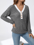 Striped Long Sleeve Top Women Button Detail Casual T Shirt Tee — Kharites Shop - Kharites