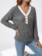 Striped Long Sleeve Top Women Button Detail Casual T Shirt Tee — Kharites Shop - Kharites