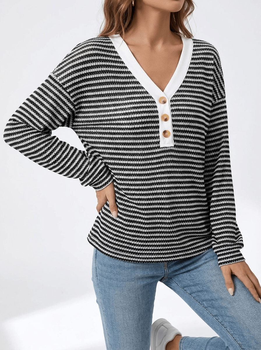 Striped Long Sleeve Top Women Button Detail Casual T Shirt Tee — Kharites Shop - Kharites