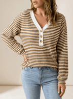 Striped Long Sleeve Top Women Button Detail Casual T Shirt Tee — Kharites Shop - Kharites
