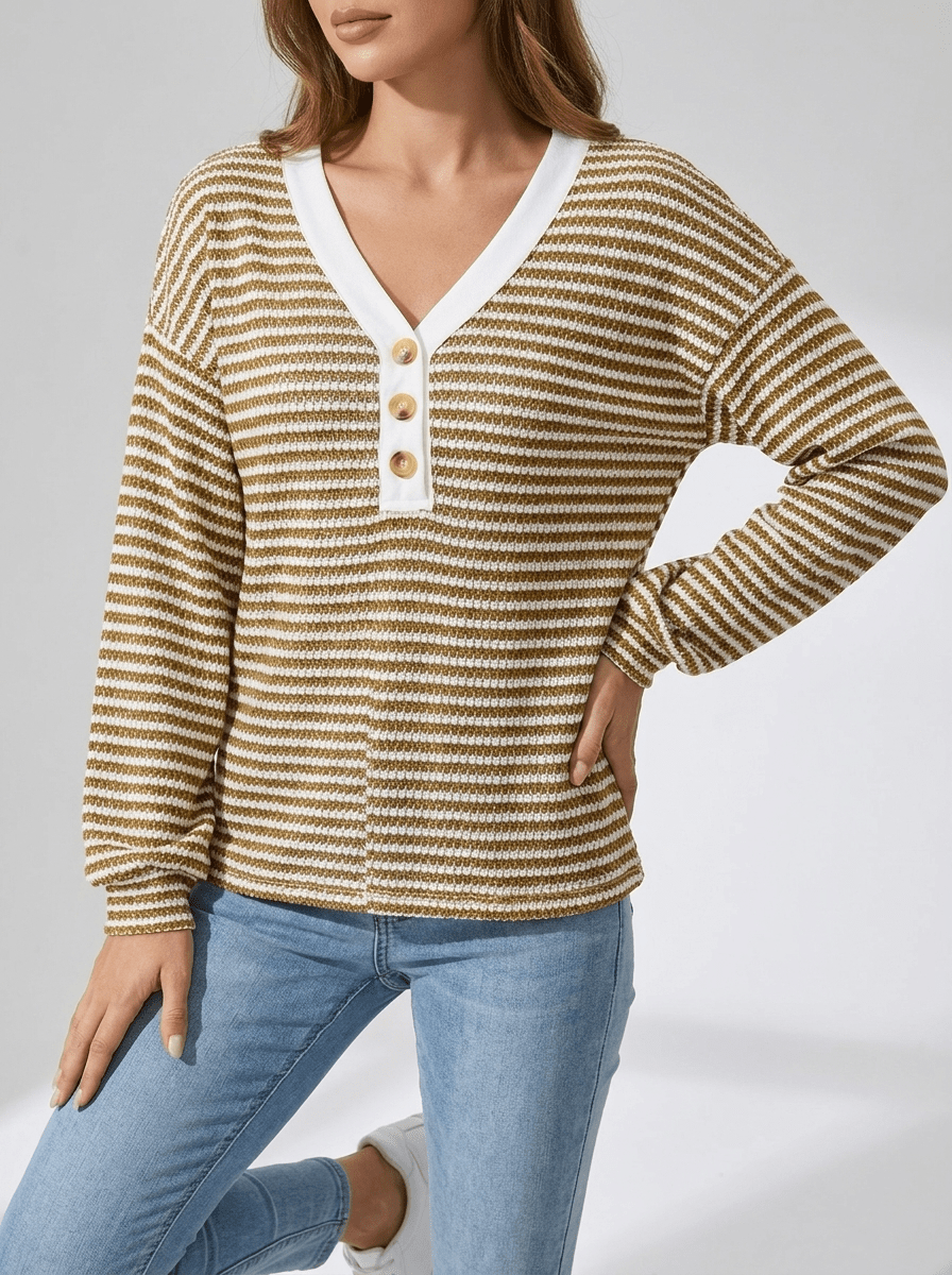 Striped Long Sleeve Top Women Button Detail Casual T Shirt Tee — Kharites Shop - Kharites