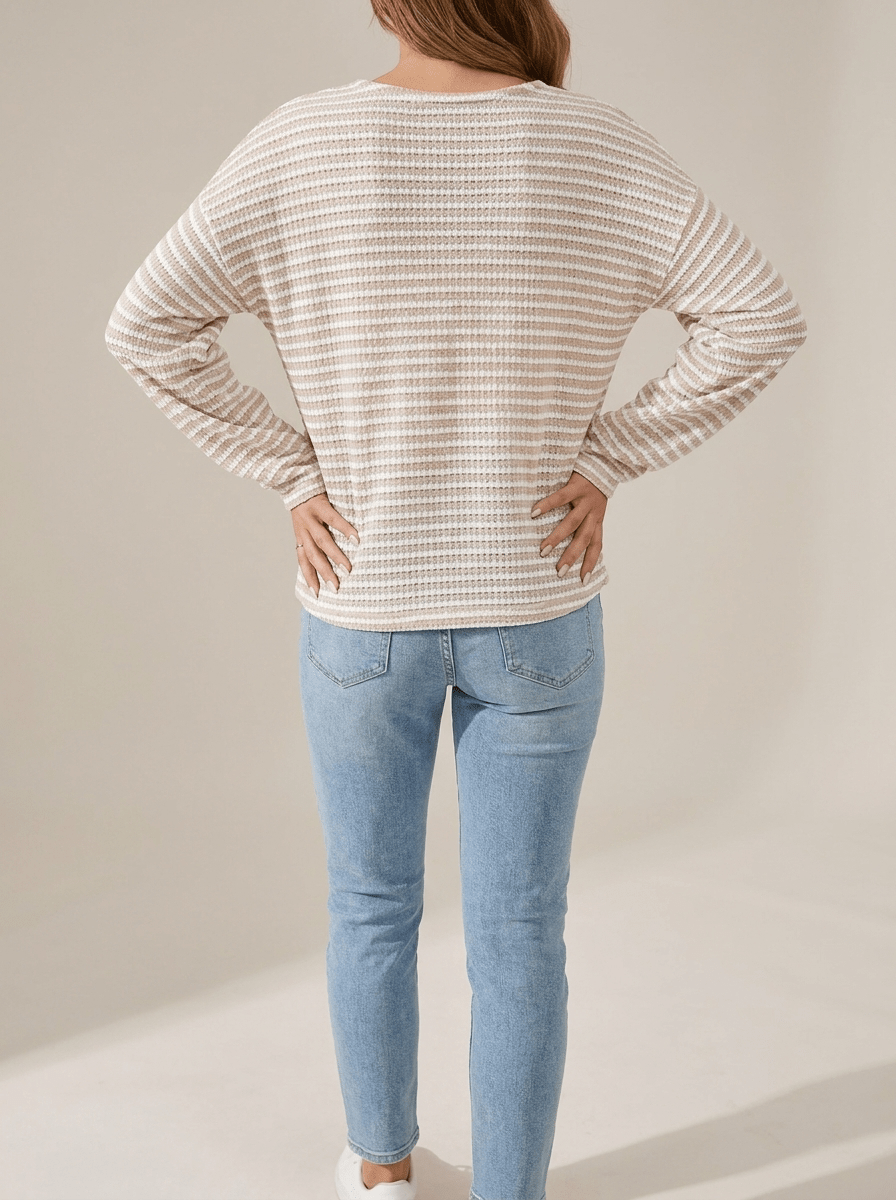 Striped Long Sleeve Top Women Button Detail Casual T Shirt Tee — Kharites Shop - Kharites