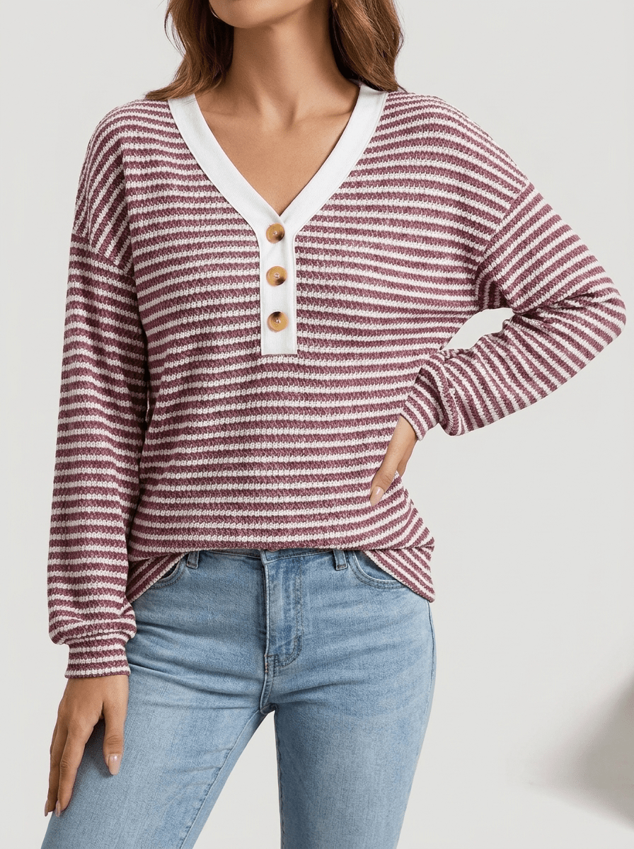 Striped Long Sleeve Top Women Button Detail Casual T Shirt Tee — Kharites Shop - Kharites