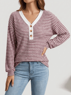 Striped Long Sleeve Top Women Button Detail Casual T Shirt Tee — Kharites Shop - Kharites