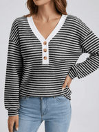 Striped Long Sleeve Top Women Button Detail Casual T Shirt Tee — Kharites Shop - Kharites