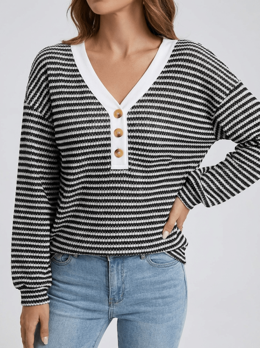 Striped Long Sleeve Top Women Button Detail Casual T Shirt Tee — Kharites Shop - Kharites