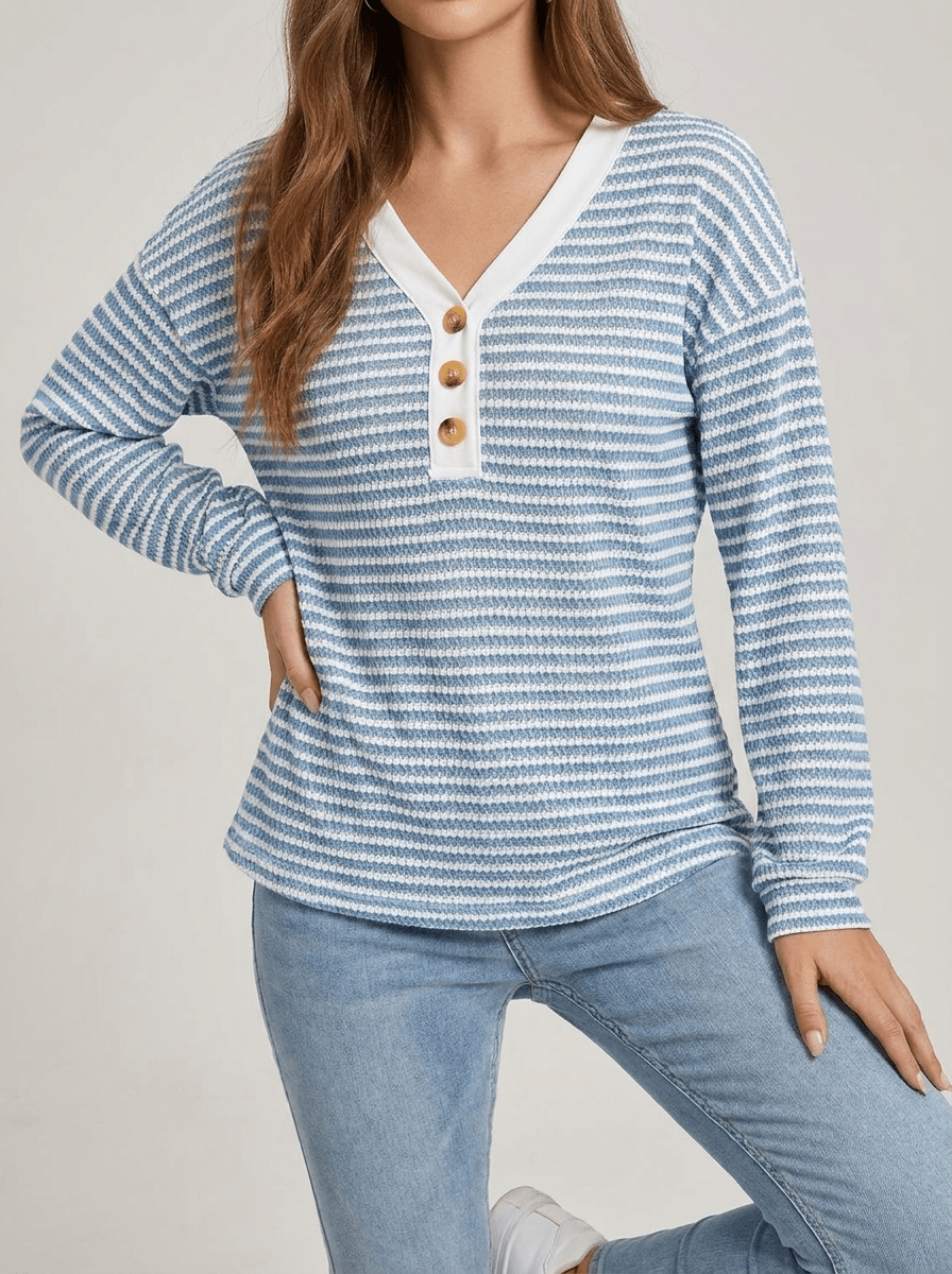 Striped Long Sleeve Top Women Button Detail Casual T Shirt Tee — Kharites Shop - Kharites