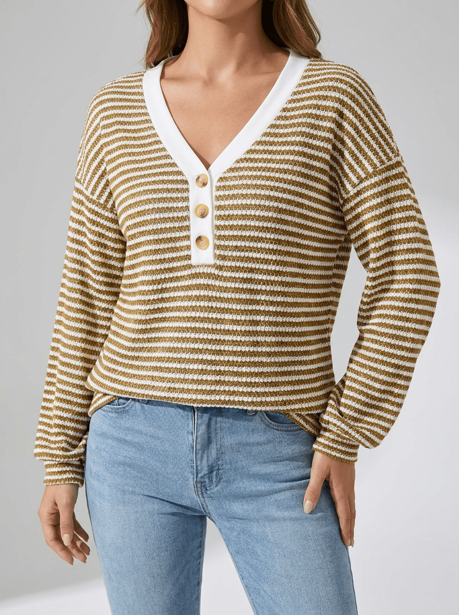 Striped Long Sleeve Top Women Button Detail Casual T Shirt Tee — Kharites Shop - Kharites