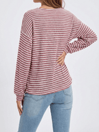Striped Long Sleeve Top Women Button Detail Casual T Shirt Tee — Kharites Shop - Kharites