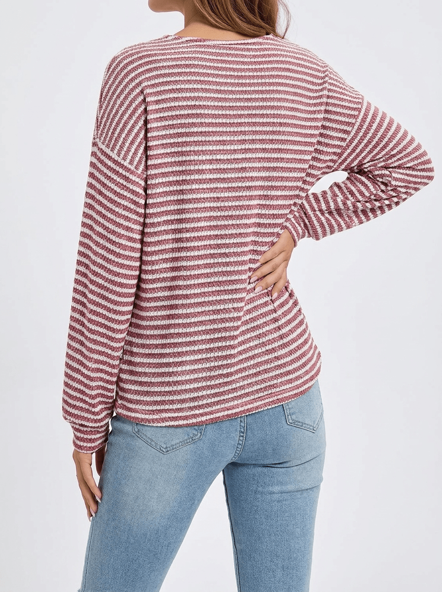 Striped Long Sleeve Top Women Button Detail Casual T Shirt Tee — Kharites Shop - Kharites