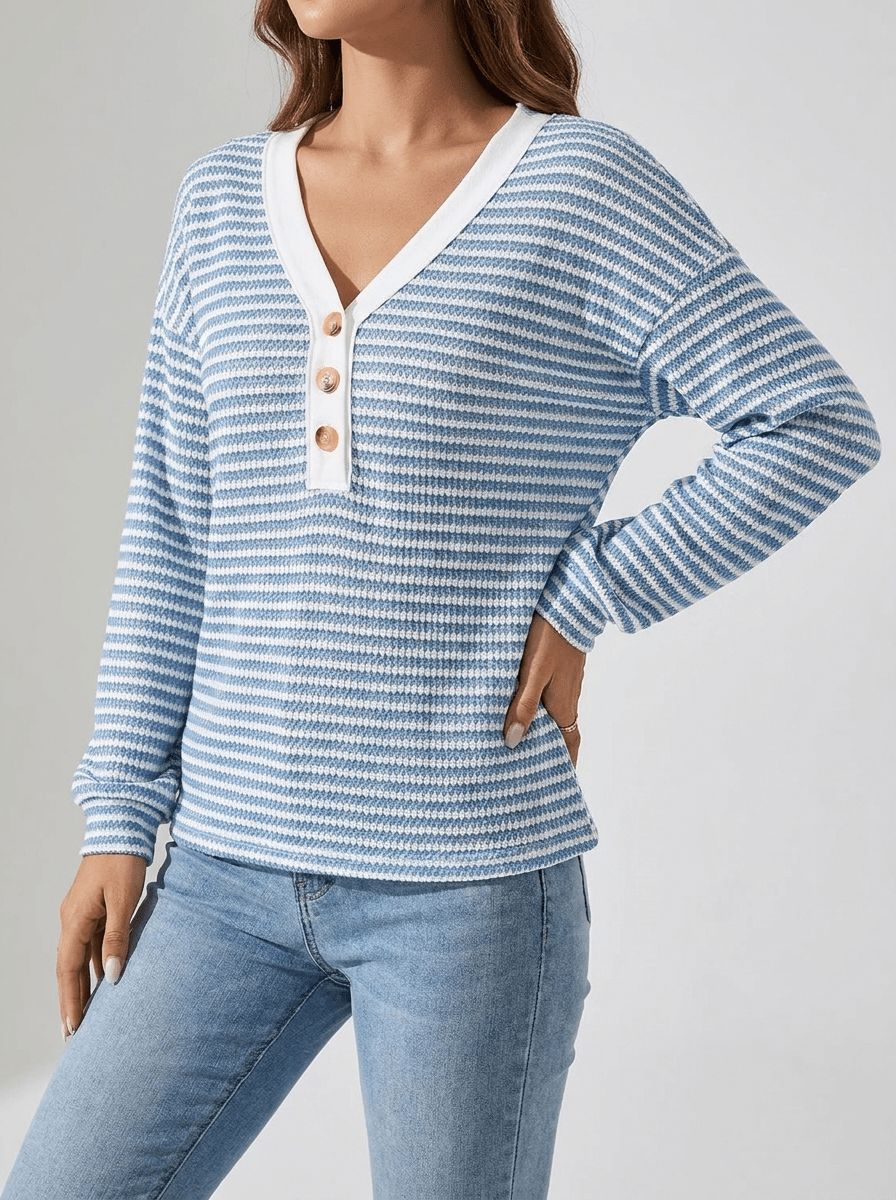 Striped Long Sleeve Top Women Button Detail Casual T Shirt Tee — Kharites Shop - Kharites
