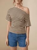 Striped One Shoulder Top Women Asymmetric Short Sleeve T Shirt — Kharites Shop - Kharites