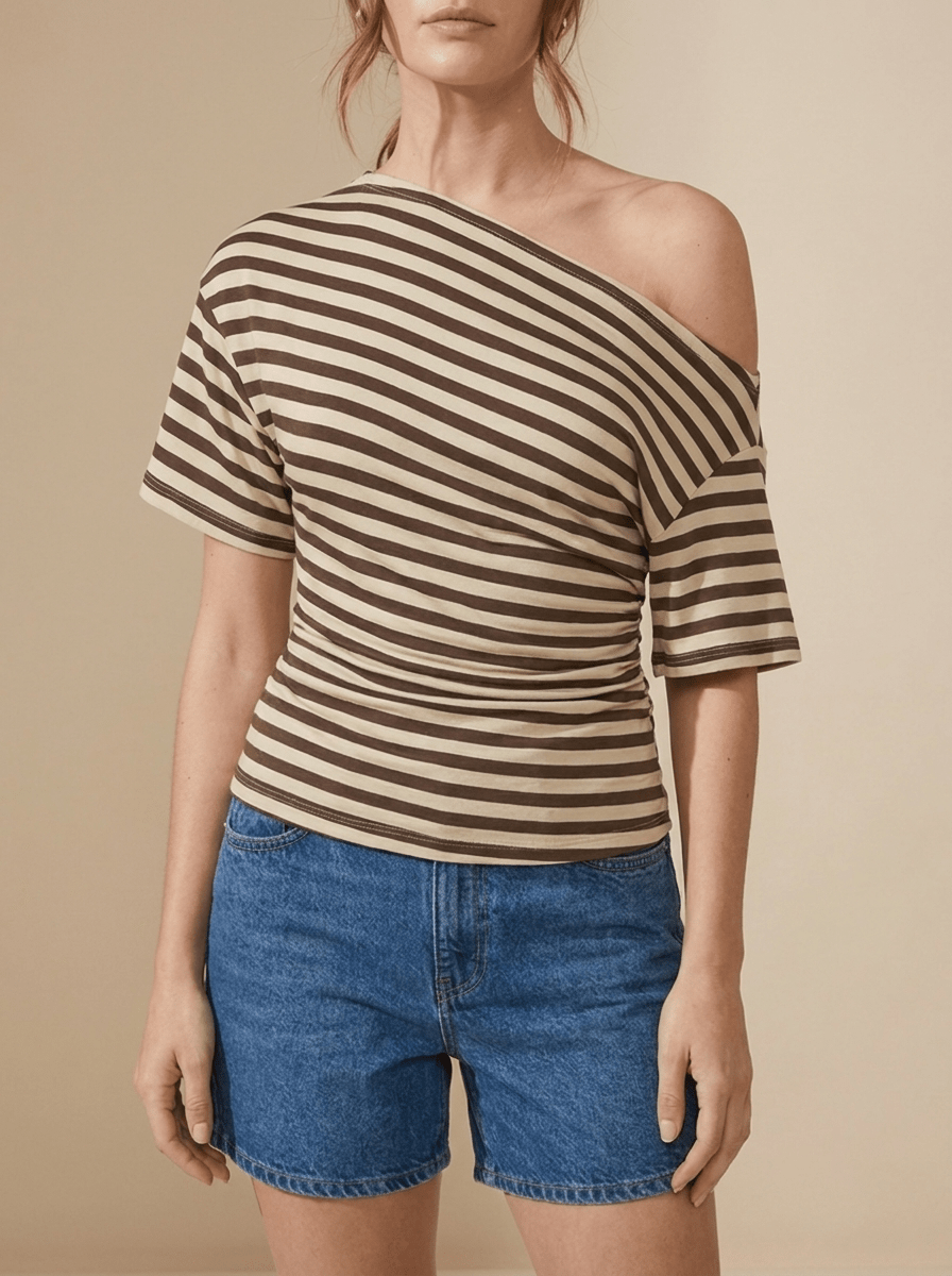 Striped One Shoulder Top Women Asymmetric Short Sleeve T Shirt — Kharites Shop - Kharites