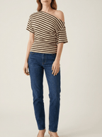 Striped One Shoulder Top Women Asymmetric Short Sleeve T Shirt — Kharites Shop - Kharites