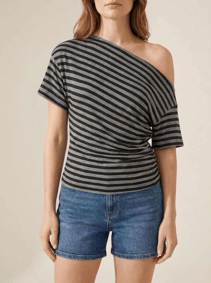 Striped One Shoulder Top Women Asymmetric Short Sleeve T Shirt — Kharites Shop - Kharites