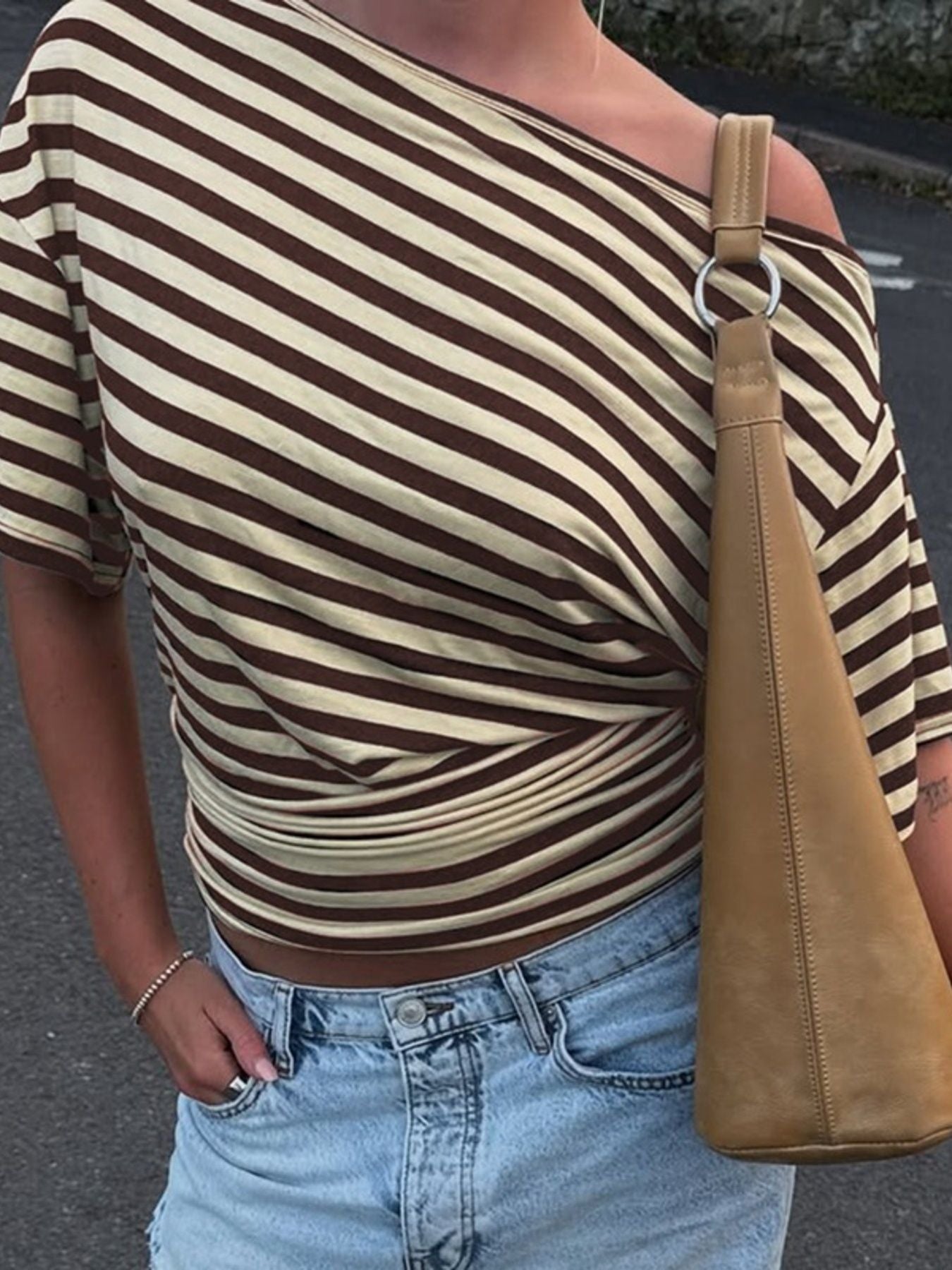 Striped One Shoulder Top Women Asymmetric Short Sleeve T Shirt — Kharites Shop - Kharites
