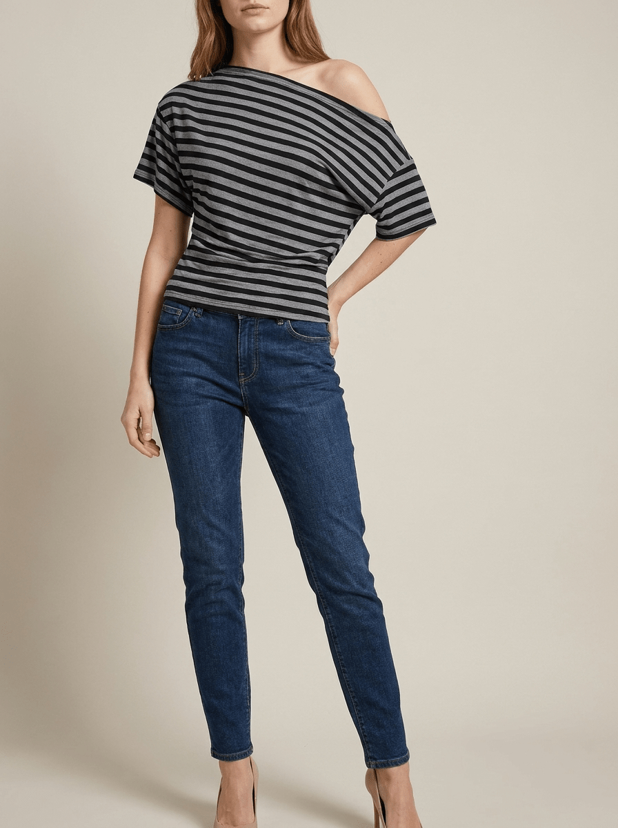 Striped One Shoulder Top Women Asymmetric Short Sleeve T Shirt — Kharites Shop - Kharites