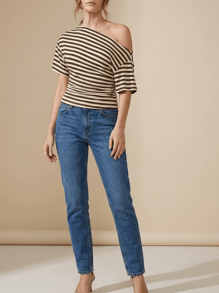 Striped One Shoulder Top Women Asymmetric Short Sleeve T Shirt — Kharites Shop - Kharites