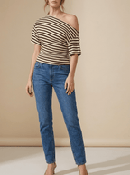Striped One Shoulder Top Women Asymmetric Short Sleeve T Shirt — Kharites Shop - Kharites