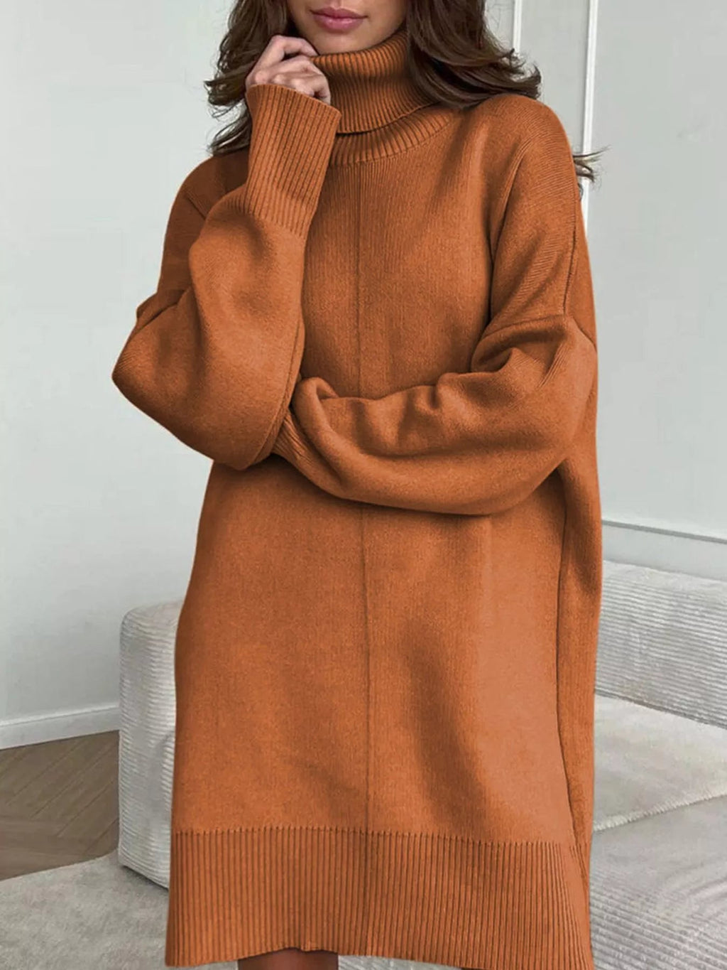 Sweater Dress Women Turtleneck Dropped Shoulder Ribbed Knit Midi With Pockets — Kharites Shop - Kharites