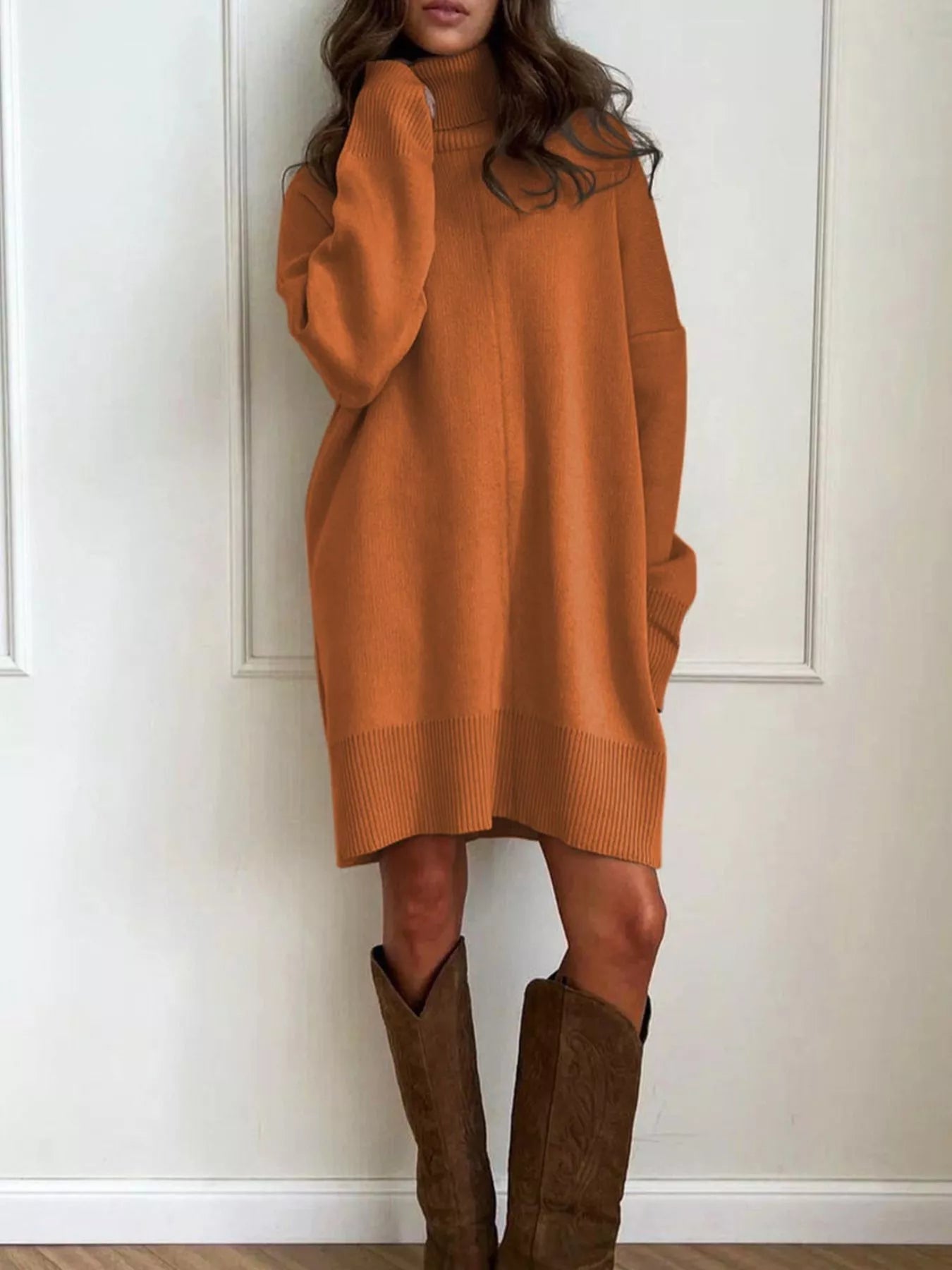 Sweater Dress Women Turtleneck Dropped Shoulder Ribbed Knit Midi With Pockets — Kharites Shop - Kharites